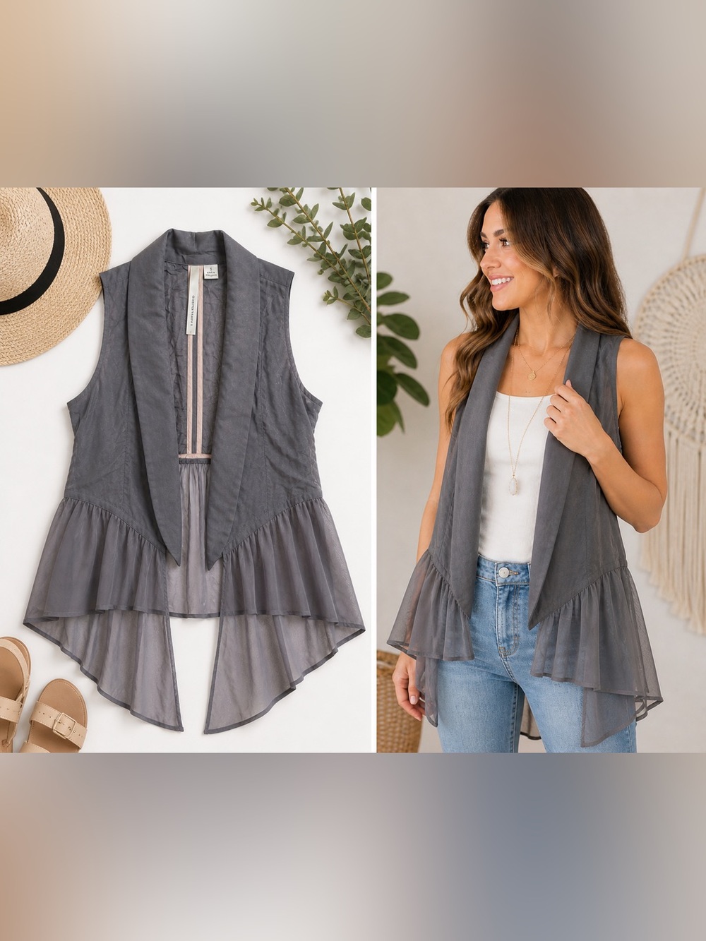 Lauren Conrad Sheer Charcoal Gray Sleeveless Vest Ruffle Open Front Boho Size S